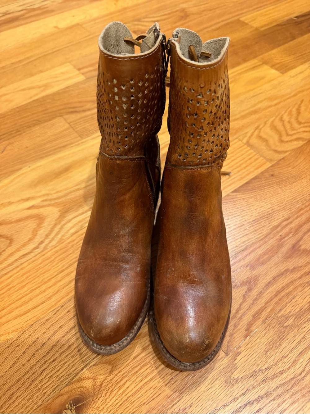 BED|STU Perforated Cognac Leather Ankle Boots - Picture 2 of 6